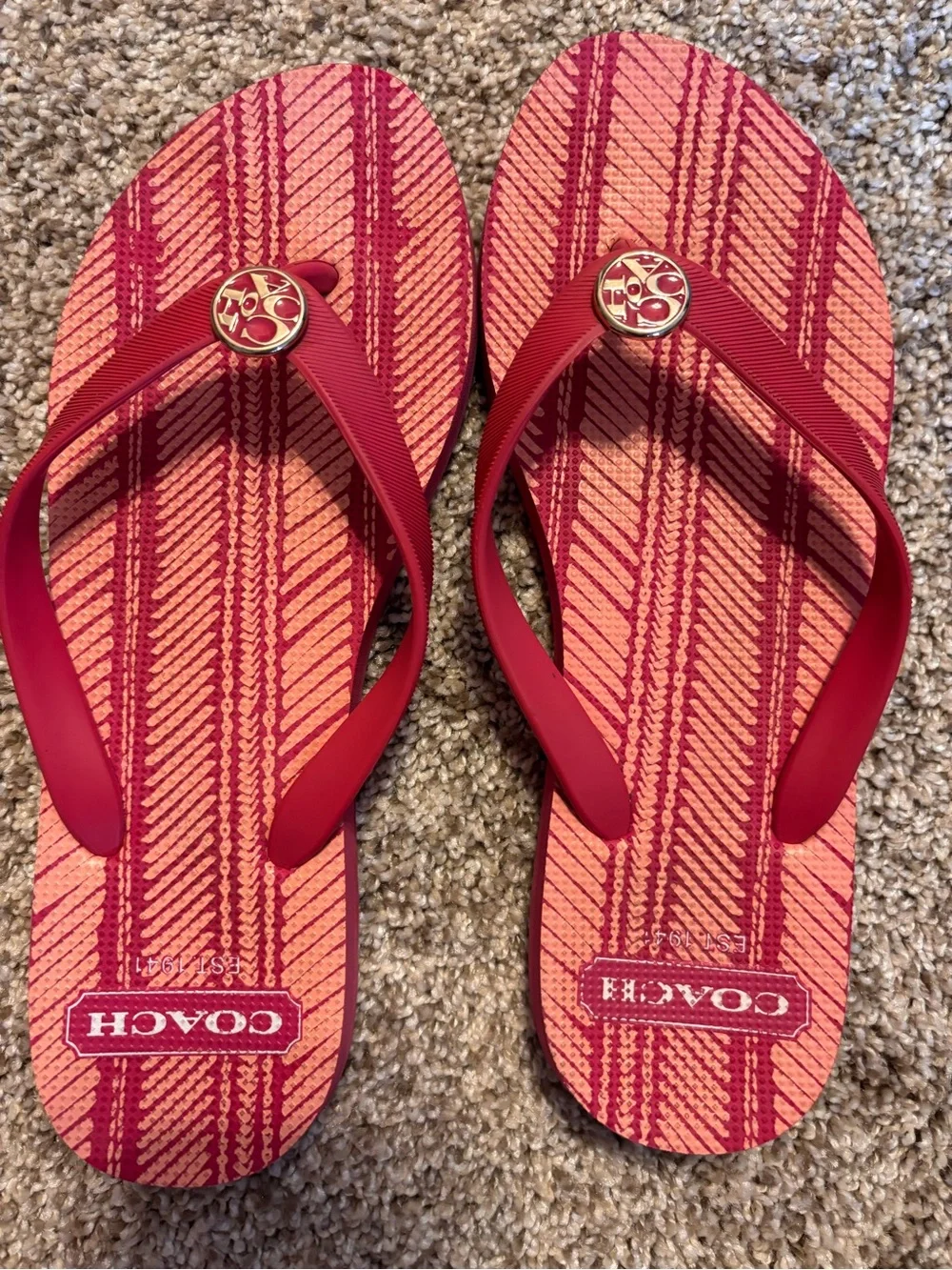 Coach Red and Coral Logo Flip-Flop Sandals